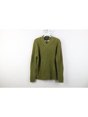 Vtg Y2K Express Womens Medium Babydoll Chunky Ribbed Knit Sweater Green Cotton